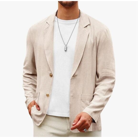 NEW Mens Casual Linen Blazer 2 Button Slim Fit Lightweight Sport Coat L - Picture 1 of 6